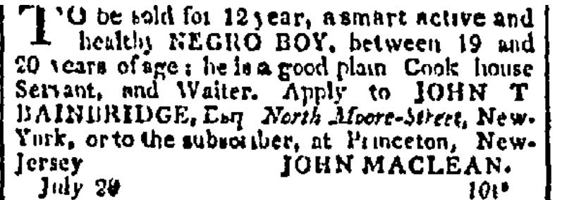 1808 newspaper ad placed by Professor John Maclean Sr. to sell a young enslaved man.