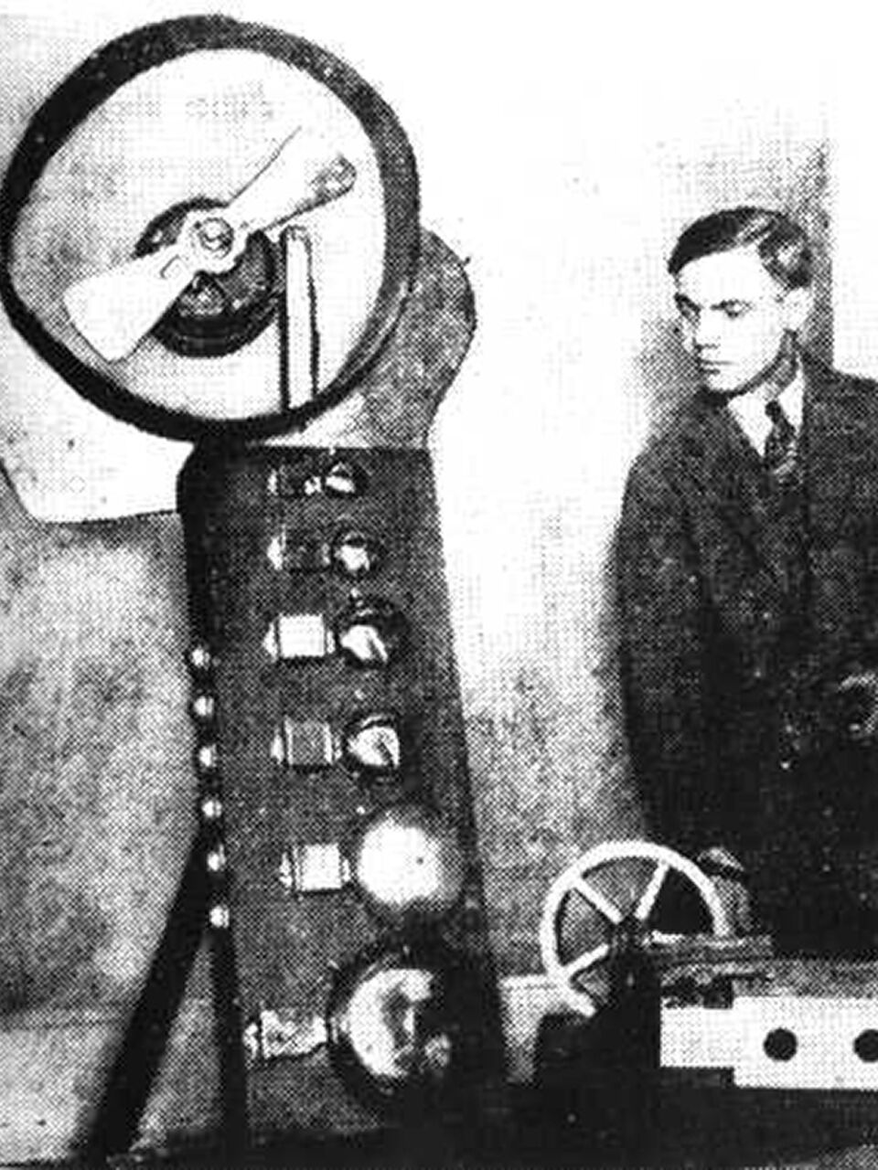 Antheil with one of the mechanical instrucstruments used in his Ballet Mecanique