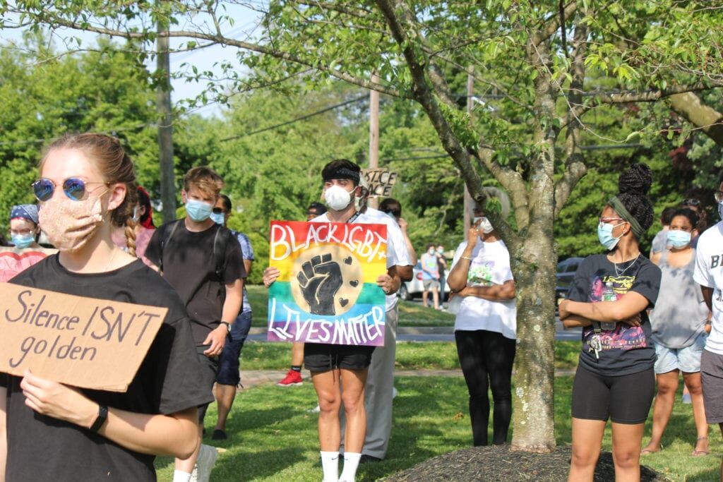 Protesters march down Route 33 at Hamilton Township rally