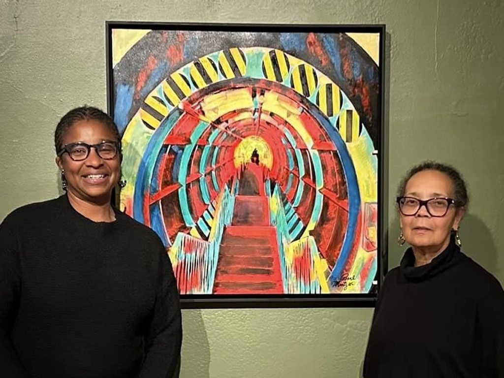 L to R Mary Malloy and Diane Ciccone in front of Up or Down by Pearl Mintzer.jpg